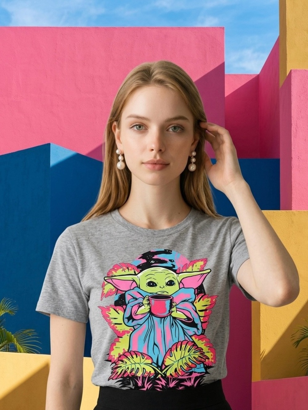 Neff Heather Gray Tee with Neon Baby Yoda Unique Graphic Piece